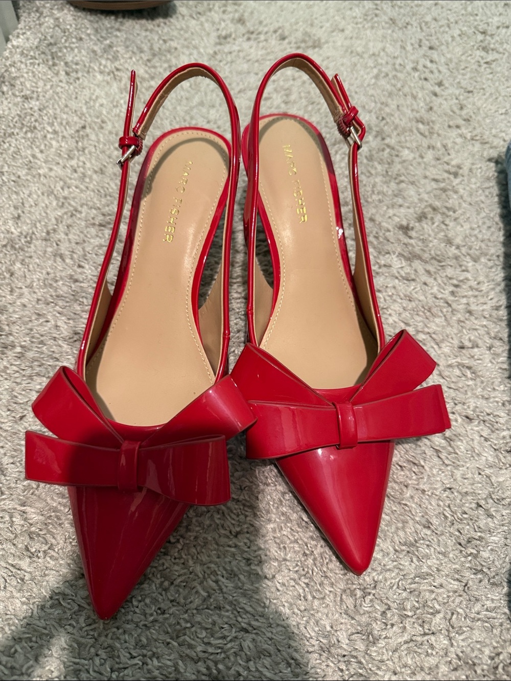 Marc Fisher Red Patent Pointed Slingback Flats with Bow